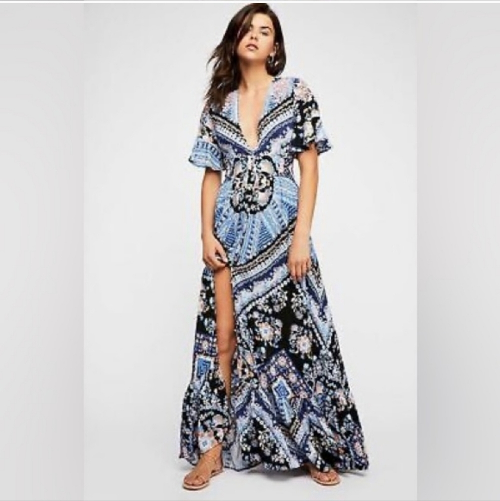 Free People Coco floral print blue maxi dress
